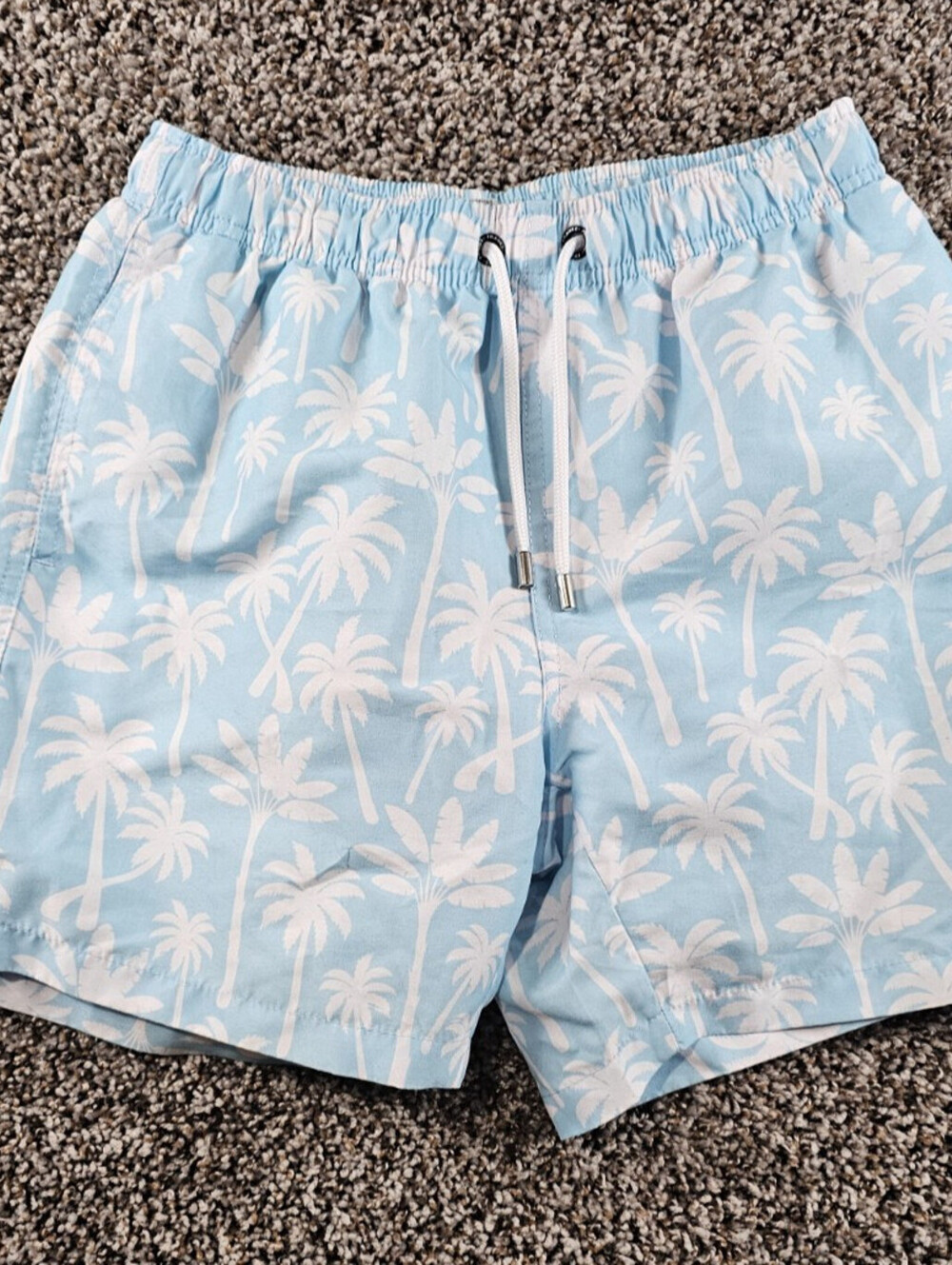 Franks Mens Sz S Swimsuit Swim Trunks Light Blue Palm Tree Print Lined